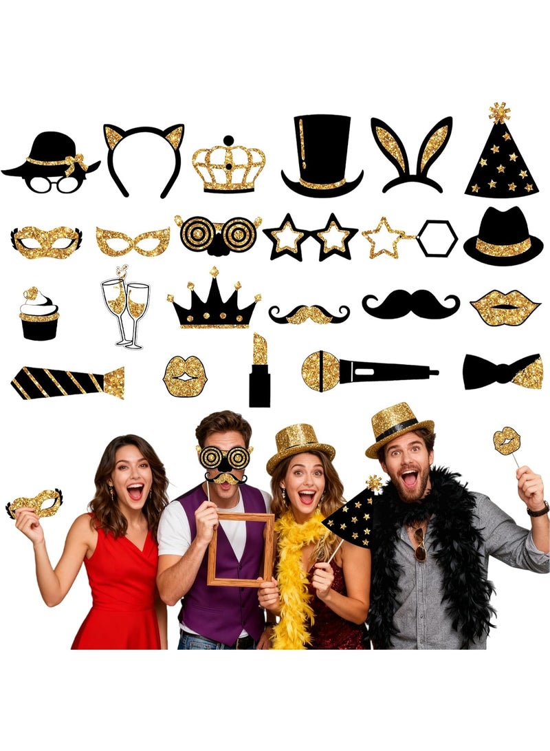 23PCS Gold and Black Photo Booth Props Set, Funny Photobooth Props Kit for Birthday Wedding Graduation New Year Party Celebration Decoration Supplies - Image 1